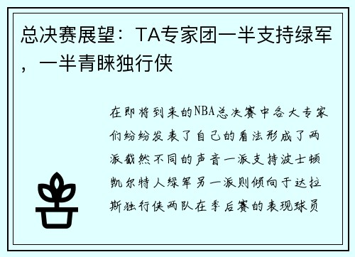 总决赛展望：TA专家团一半支持绿军，一半青睐独行侠