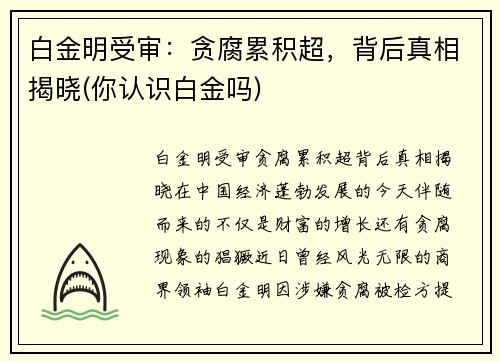 白金明受审：贪腐累积超，背后真相揭晓(你认识白金吗)