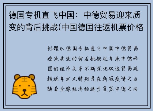 德国专机直飞中国：中德贸易迎来质变的背后挑战(中国德国往返机票价格)