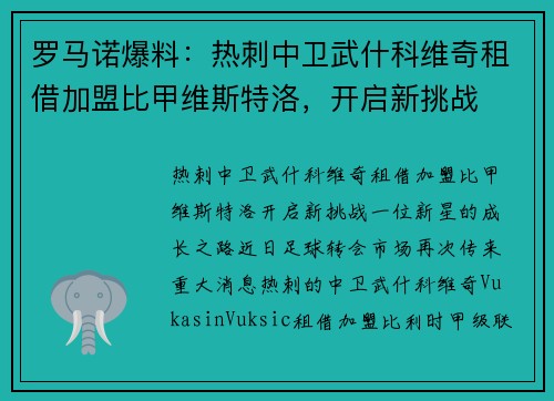 罗马诺爆料：热刺中卫武什科维奇租借加盟比甲维斯特洛，开启新挑战