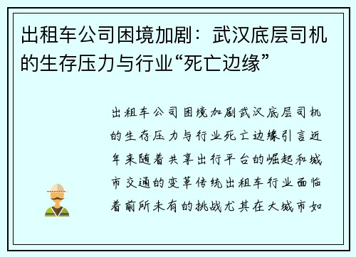 出租车公司困境加剧：武汉底层司机的生存压力与行业“死亡边缘”