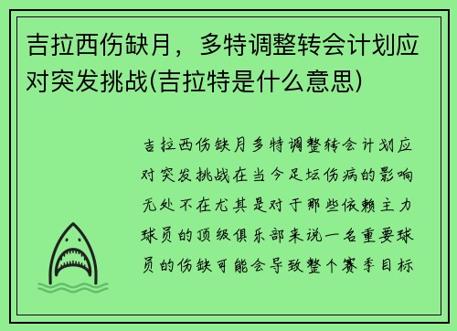 吉拉西伤缺月，多特调整转会计划应对突发挑战(吉拉特是什么意思)