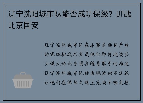 辽宁沈阳城市队能否成功保级？迎战北京国安