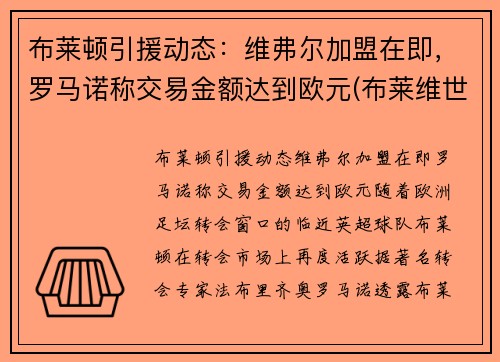 布莱顿引援动态：维弗尔加盟在即，罗马诺称交易金额达到欧元(布莱维世)