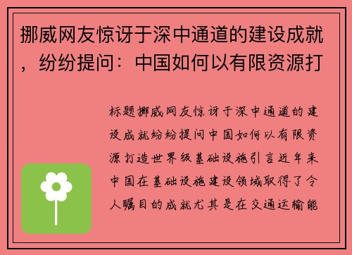 挪威网友惊讶于深中通道的建设成就，纷纷提问：中国如何以有限资源打造世界级基础设施？