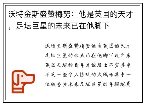 沃特金斯盛赞梅努：他是英国的天才，足坛巨星的未来已在他脚下