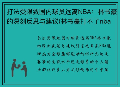 打法受限致国内球员远离NBA：林书豪的深刻反思与建议(林书豪打不了nba)